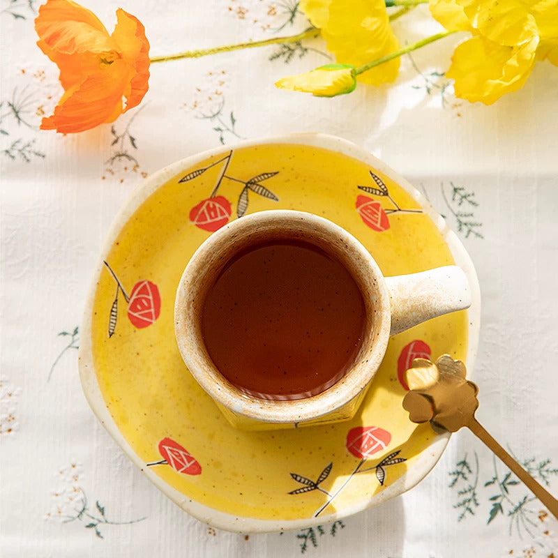 Hand-Painted Arita-Yaki Yellow Rose Cup & Saucer Set