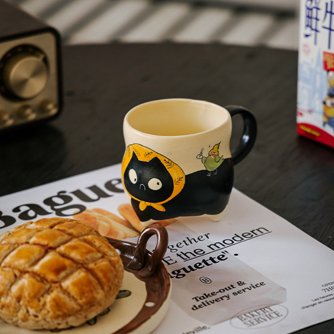 Hand-Painted Black Cat Ceramic Mug with Tail Handle