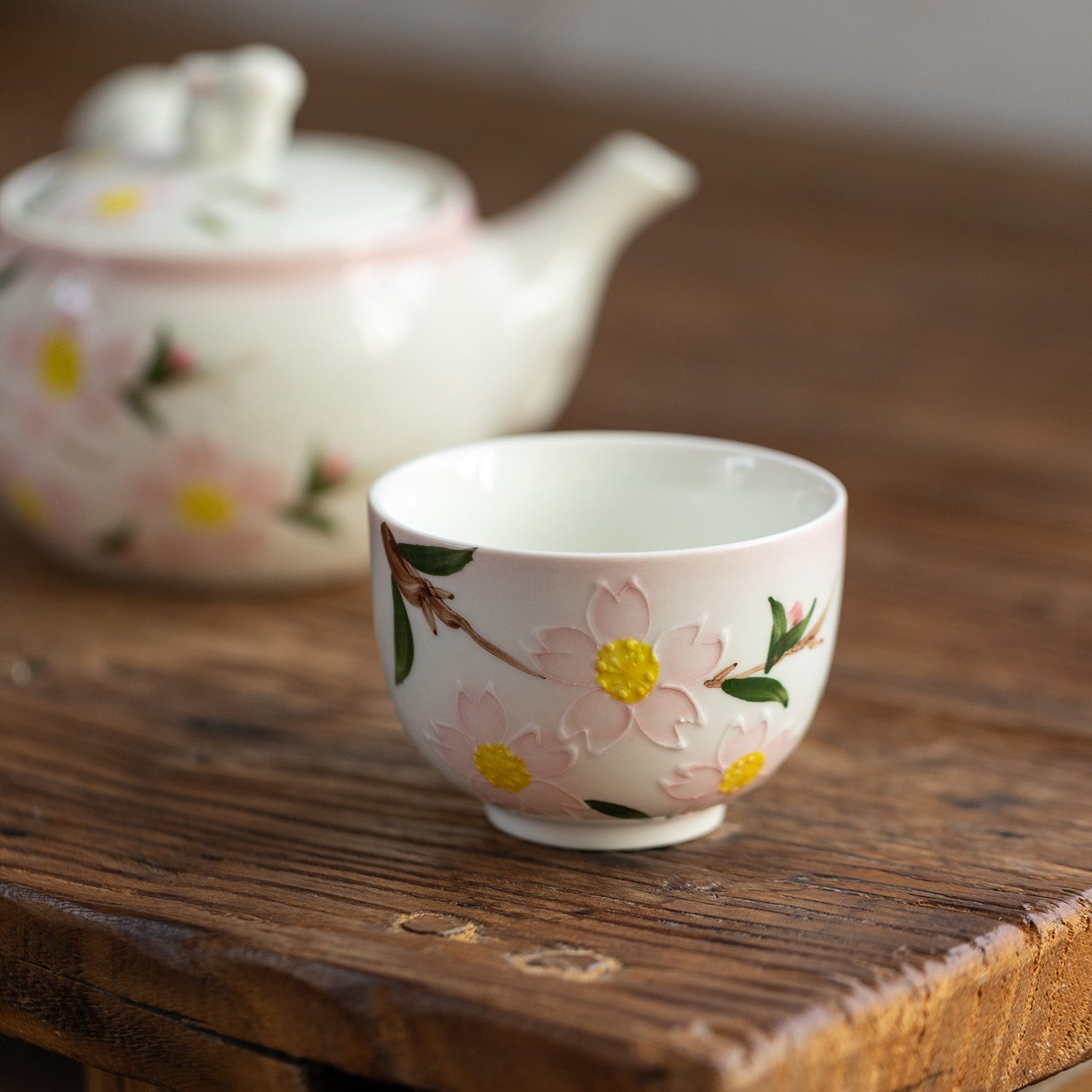 Japanese Rabbit Cherry Blossom Ceramic Kyusu Tea Set