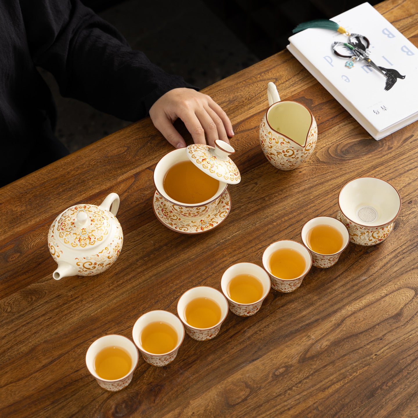 Chinese Beige Floral Ceramic Gongfu Tea Set with Wooden Gift Box