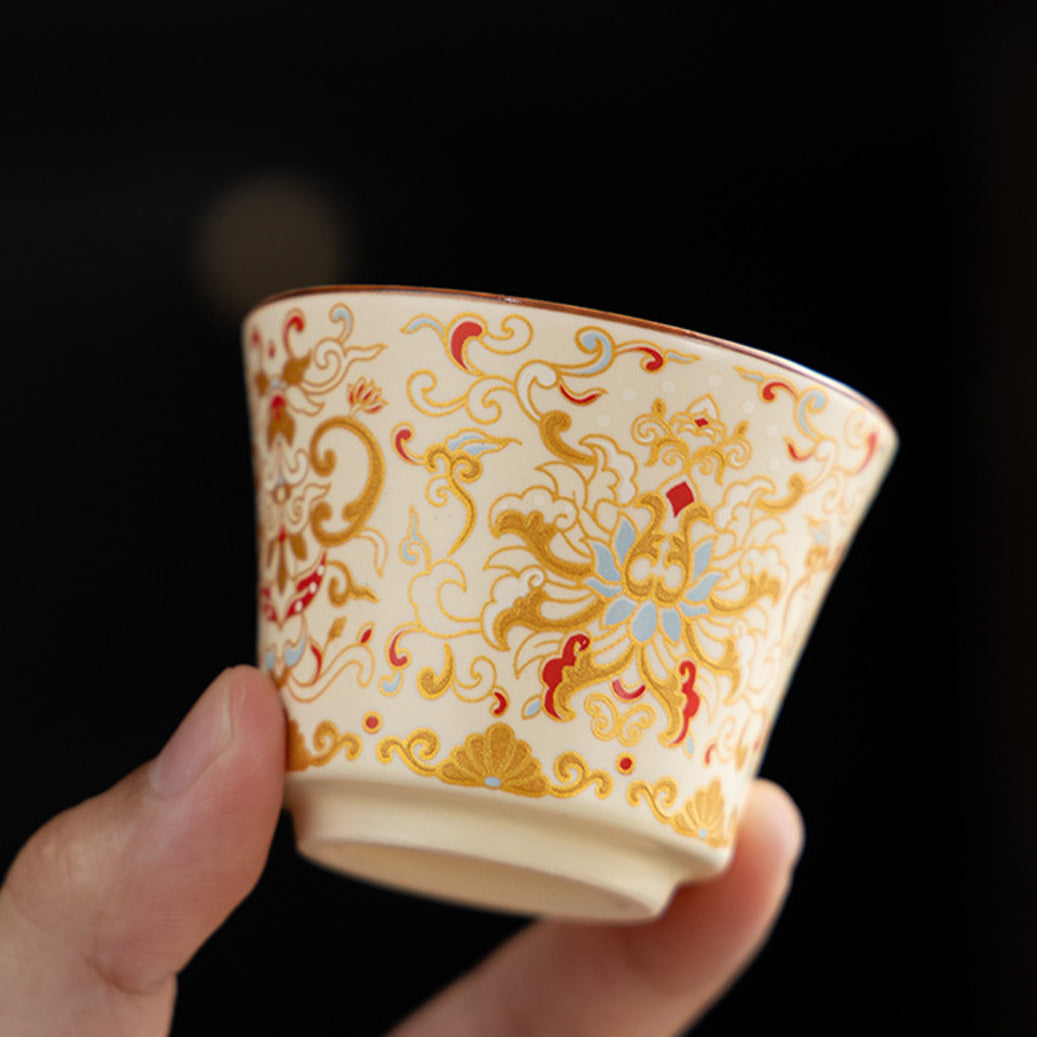 Chinese Beige Floral Ceramic Gongfu Tea Set with Wooden Gift Box