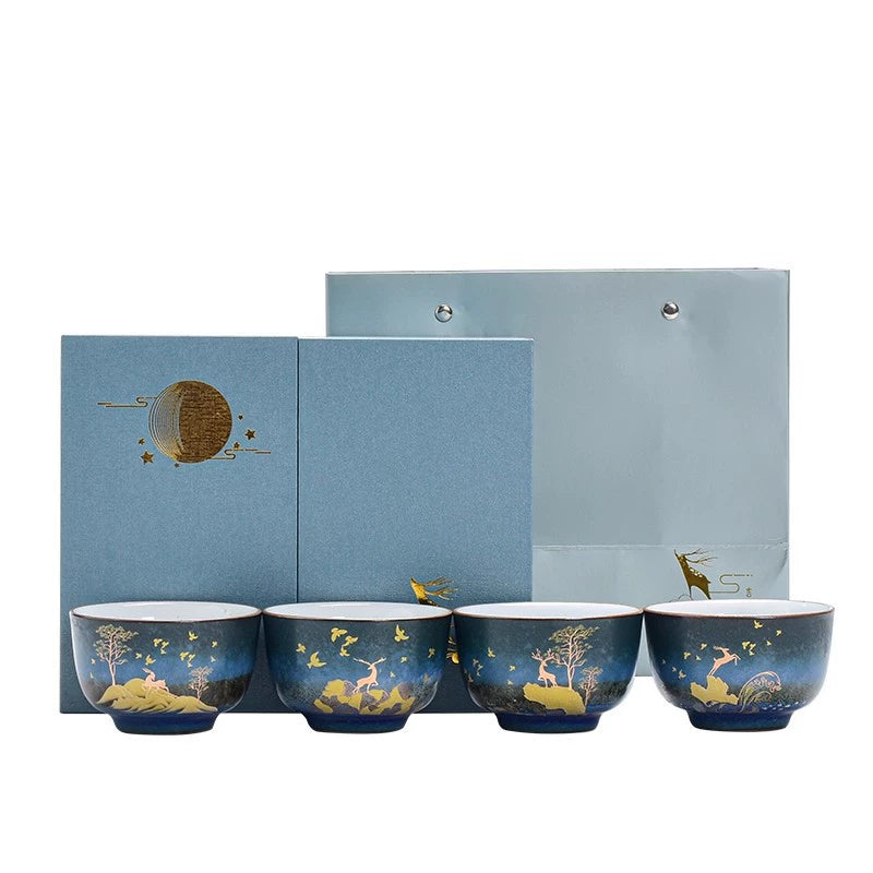 Chinese Blue Glaze Deer Landscape Gongfu Tea Cup Set
