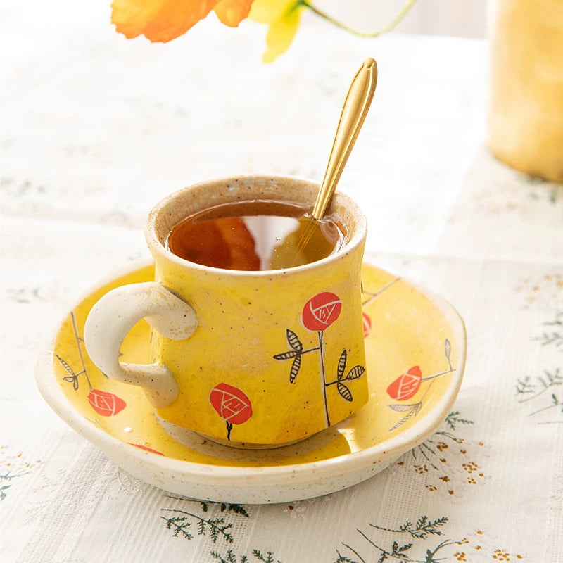 Hand-Painted Arita-Yaki Yellow Rose Cup & Saucer Set