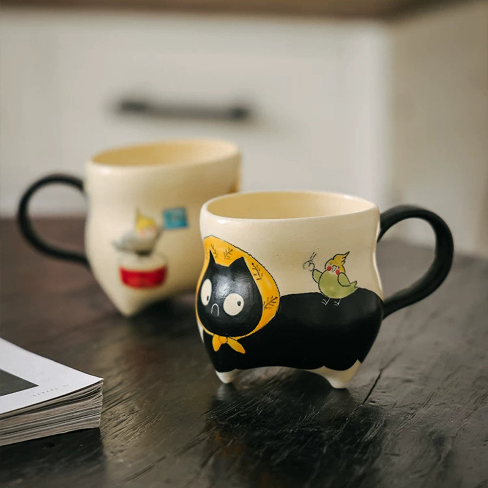 Hand-Painted Black Cat Ceramic Mug with Tail Handle