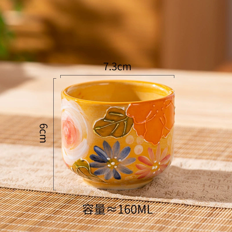 Japanese Floral Ceramic Tea Set with Bamboo Handle & Wooden Tray