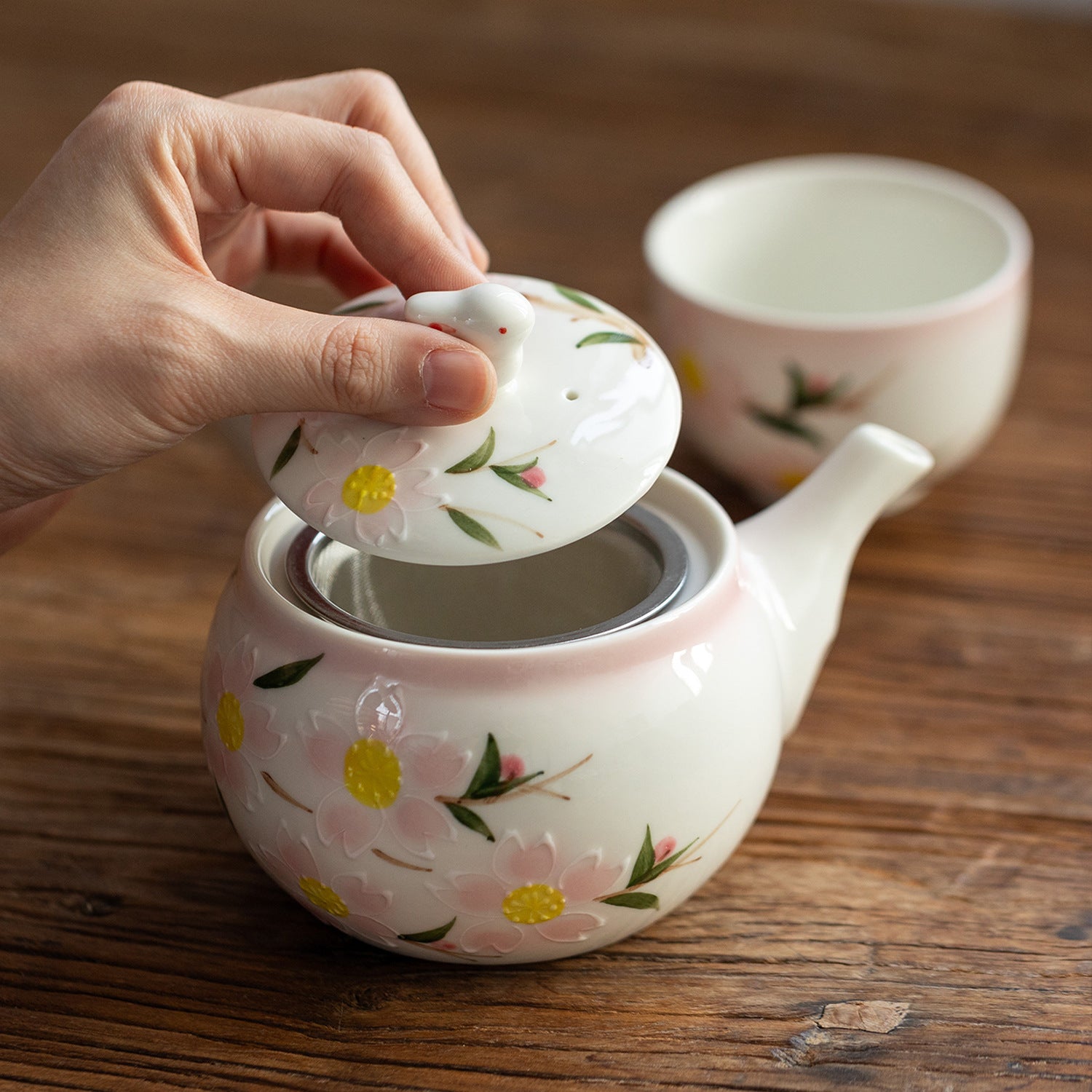 Japanese Rabbit Cherry Blossom Ceramic Kyusu Tea Set
