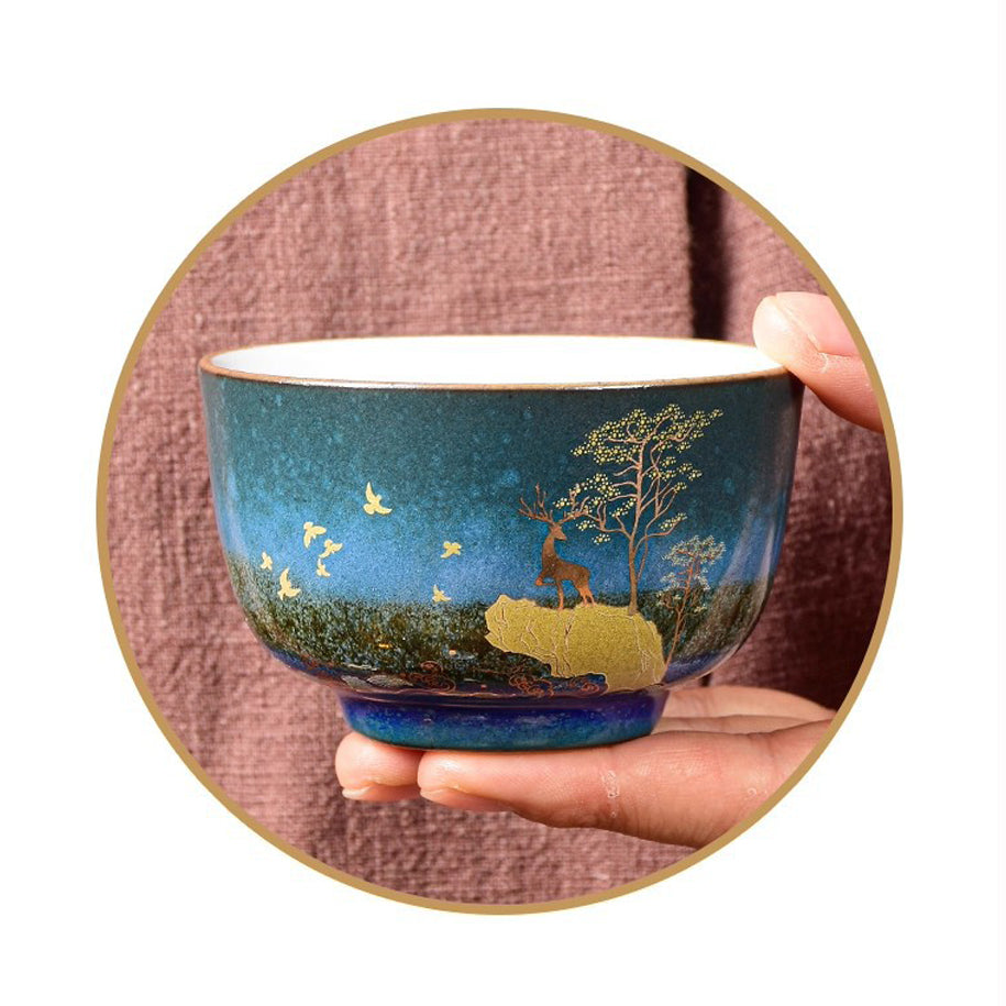 Chinese Blue Glaze Deer Landscape Gongfu Tea Cup Set