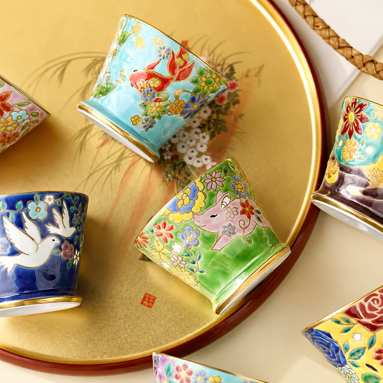 Japanese Kutani-Yaki Hand-Painted Tea Cup Gift Set