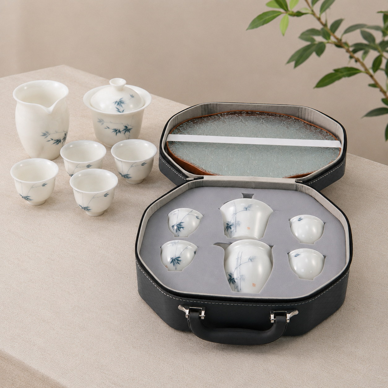 Jade-Glaze Hand-Painted Portable Tea Set